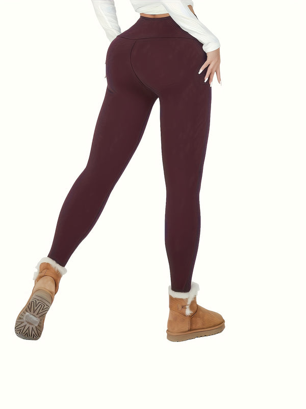 Solid Color Fleece Sports Leggings Women High Waist Warm - Temu