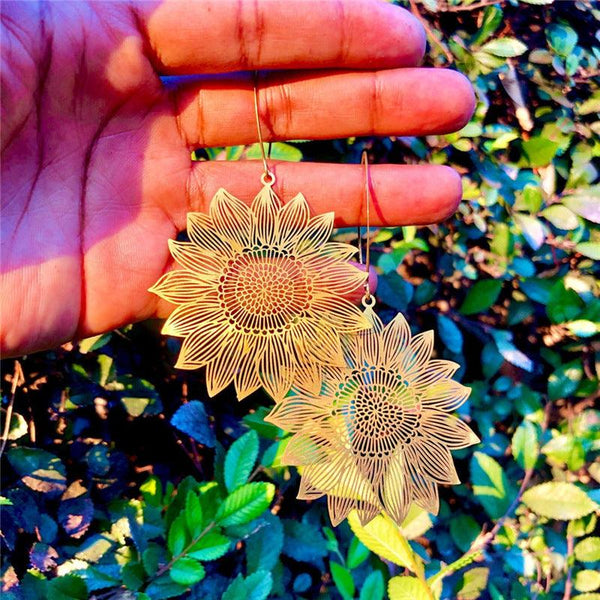 Gold Openwork Sunflower Earrings - Ishaanya