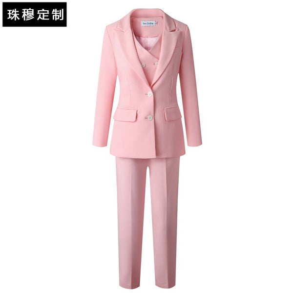 Pink Long Suit Jacket Vest Pants, Woman Designer Blazer Pantsuit