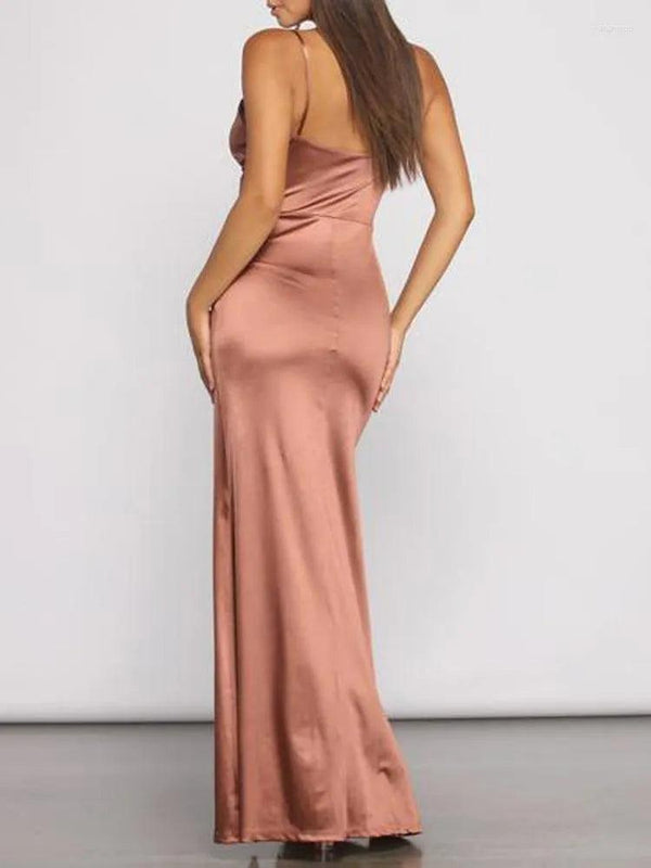 Party Dresses Spring Spaghetti Strap Women Cocktail V Neck Pleated Stretch Satin Sexy Backless Slit Evening Prom Dress - Ishaanya