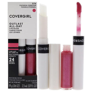 Outlast All Day Lipcolor - 574 Fuchsia Forever by CoverGirl for Women - 2 Pc 0.06oz Moisturizing Top Coat, 0.07oz All-Day Lip Color - Ishaanya
