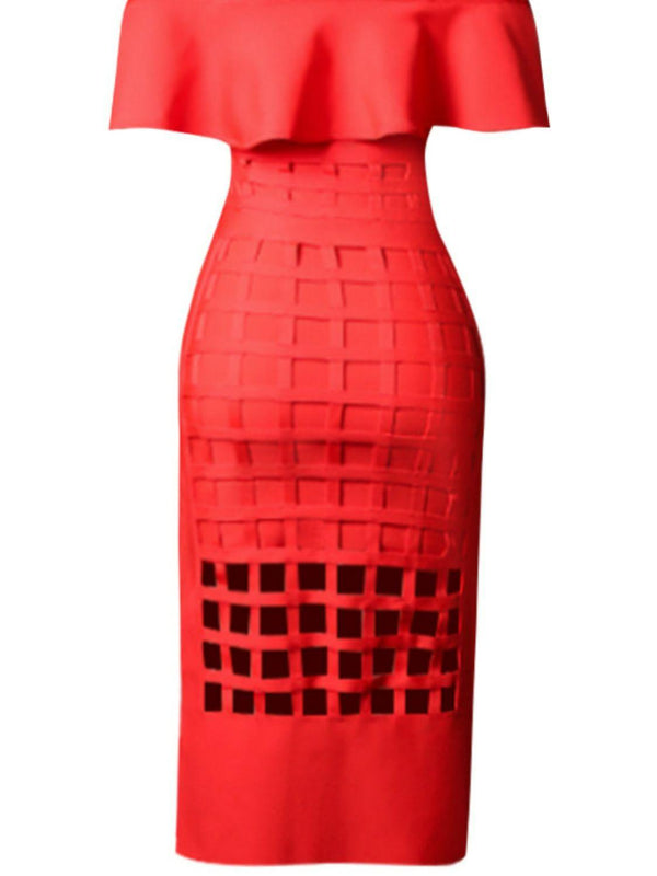 Layered Off-Shoulder Cutout Slit Midi Dress - Ishaanya