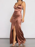 Party Dresses Spring Spaghetti Strap Women Cocktail V Neck Pleated Stretch Satin Sexy Backless Slit Evening Prom Dress - Ishaanya