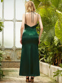Embroidery Spaghetti Strap Backless Slit Satin Long Evening Dress Green 540 - Ishaanya