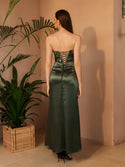 Embroidery Strapless Lace Up Satin Mermaid Prom Dresses Long Dark Green 548 - Ishaanya