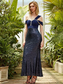 One Shoulder Beading Splicing Sequin Prom Dresses Long Wedding Guest Gown Blue 522 - Ishaanya