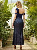 One Shoulder Beading Splicing Sequin Prom Dresses Long Wedding Guest Gown Blue 522 - Ishaanya