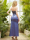 One Shoulder Embroidery Splicing Satin Lace Up Evening Dress Blue 520 - Ishaanya