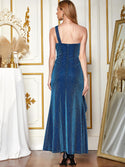 Sparkle Glitter One Shoulder Hollow Out Slit Ruffle Prom Dresses Long Evening Gown Blue 504 - Ishaanya