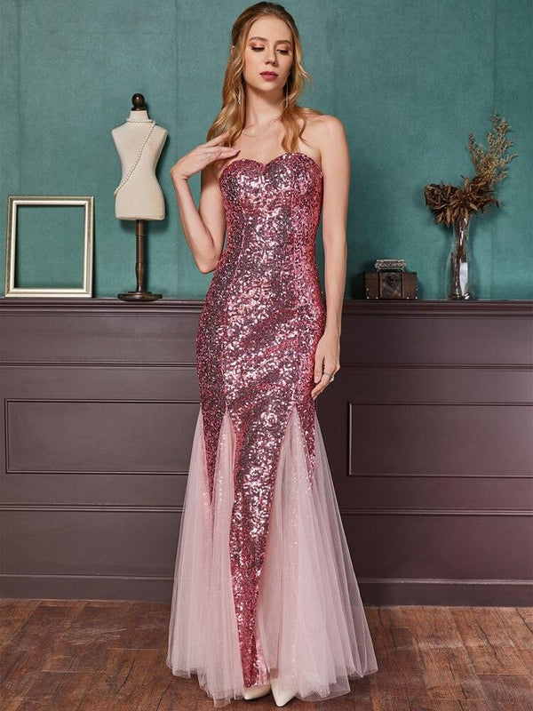 Strapless Sequin Lace Up Back Contrast Tulle Long Formal Evening Dress Prom Wedding Guest Gown Pink 053 - Ishaanya