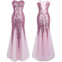 Strapless Sequin Lace Up Back Contrast Tulle Long Formal Evening Dress Prom Wedding Guest Gown Pink 053 - Ishaanya