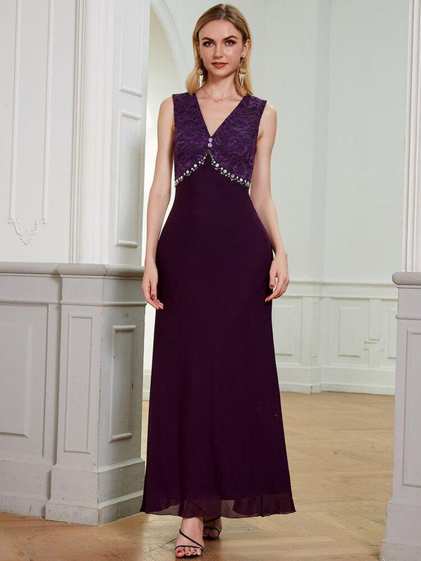 Wedding Party Gown Plunge V Neck Backless Beading Lace Evening Dresses Purple 529 - Ishaanya