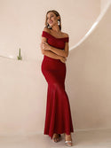 Women Off Shoulder Ruched Prom Dresses Illusion Mermaid Long Evening Dress Red 601 - Ishaanya