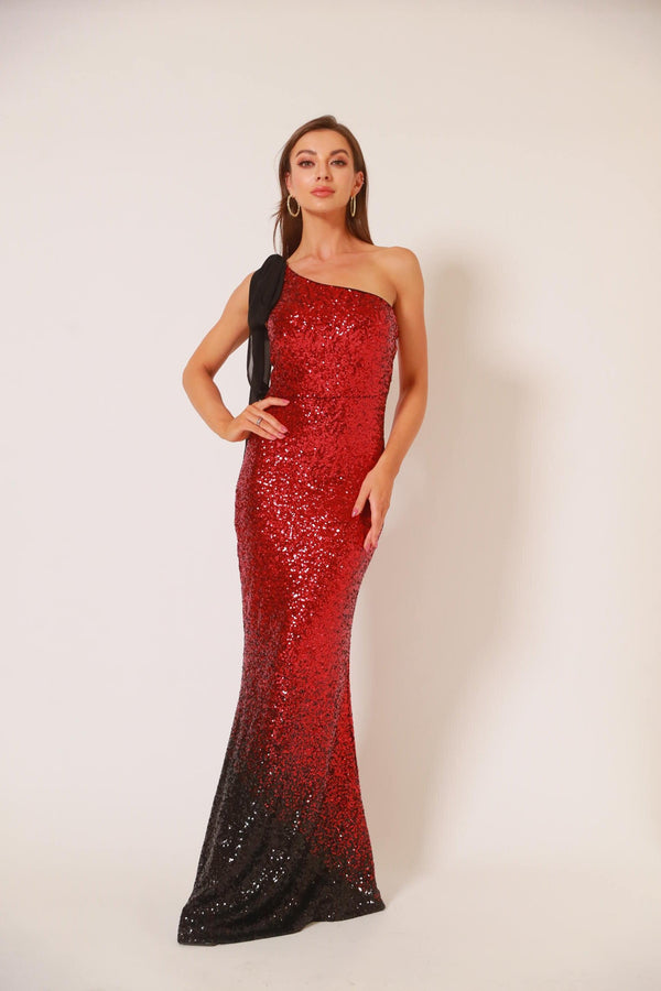 Women's Asymmetric Ribbon Flapper Gradual Sequin Mermaid Long Red Dress One Shoulder Wedding Evening Party Gown - Ishaanya