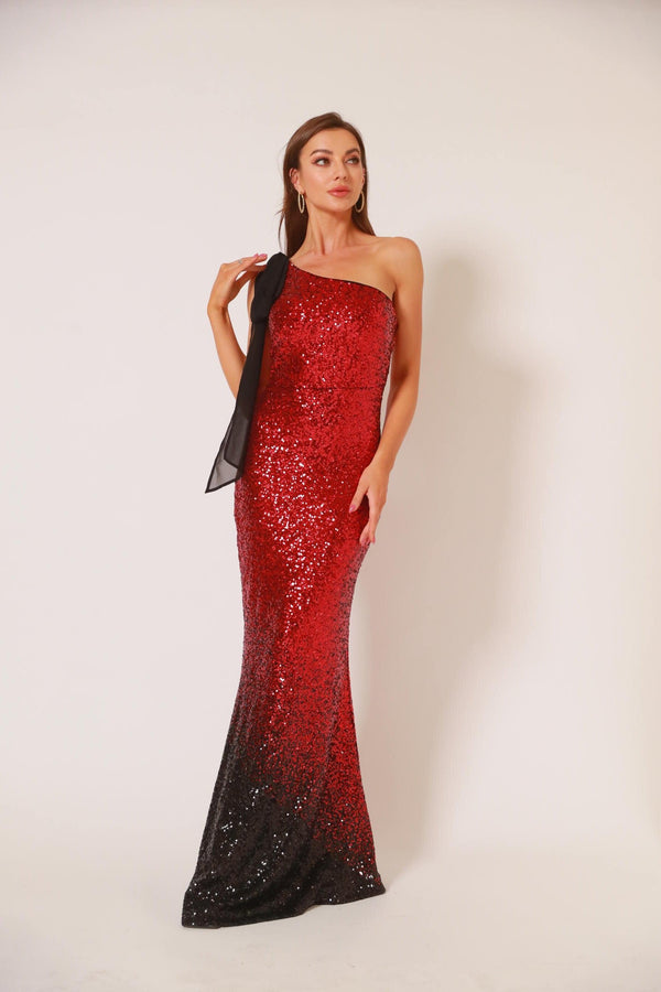 Women's Asymmetric Ribbon Flapper Gradual Sequin Mermaid Long Red Dress One Shoulder Wedding Evening Party Gown - Ishaanya