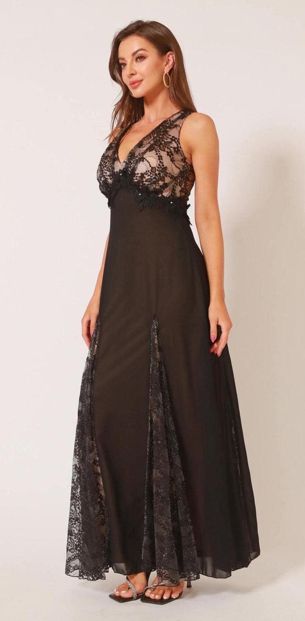Women's Black V Neck Floral Lace Appliqued Beading Splicing Chiffon A-Line Long Evening Dress Party Gown A-460 - Ishaanya