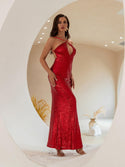 Women's Elegant Hater Sequin Cut Out Backless Lace Up Long Mermaid Sexy Evening Dress Red 884 - Ishaanya