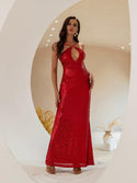Women's Elegant Hater Sequin Cut Out Backless Lace Up Long Mermaid Sexy Evening Dress Red 884 - Ishaanya