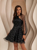 Women's Elegant Party Gown Lantern Sleeve Cut Out Sequin Mesh Illusion A-Line Short PromDress Black 900 - Ishaanya