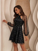 Women's Elegant Party Gown Lantern Sleeve Cut Out Sequin Mesh Illusion A-Line Short PromDress Black 900 - Ishaanya