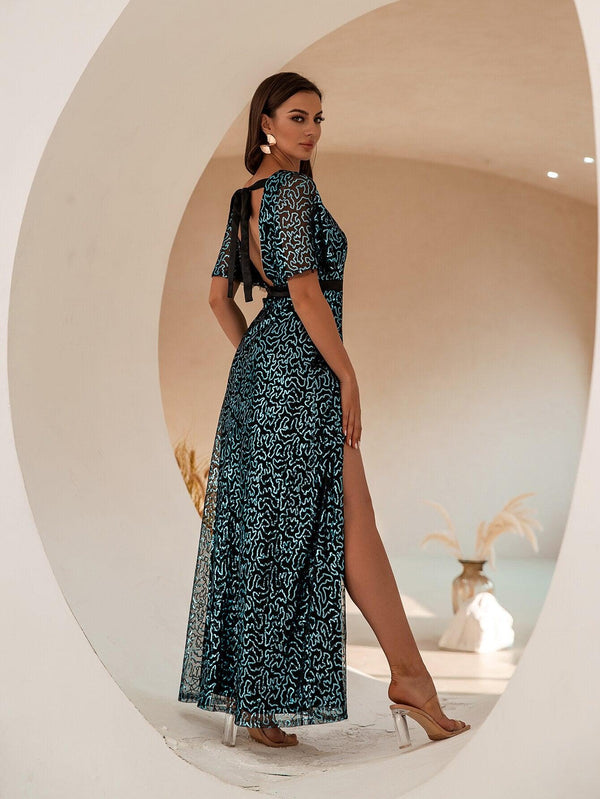 Women's Elegant V Neck Floral Sequin Short Sleeves Slit Sexy Backless Long Evening Dress A-Line Blue 908 - Ishaanya