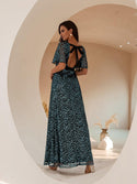 Women's Elegant V Neck Floral Sequin Short Sleeves Slit Sexy Backless Long Evening Dress A-Line Blue 908 - Ishaanya