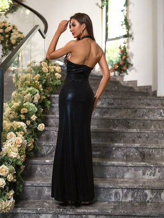Women's Halter Cut Out Elegant Backless Long Soft Mermaid Black Evening Dress Prom Gown 976 - Ishaanya