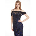 Women's Off Shoulder Pattern Sequin V Backless Elegant Long Evening Dress Prom Gown Black 220 - Ishaanya