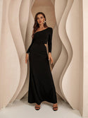 Women's  One Shoulder Elegant Solid Asymmetrical Neck Cut Out Maxi Mermaid Black Evening Dress 910 - Ishaanya