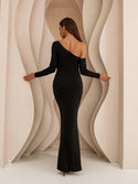 Women's  One Shoulder Elegant Solid Asymmetrical Neck Cut Out Maxi Mermaid Black Evening Dress 910 - Ishaanya
