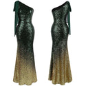 Women's One Shoulder Sparkly Sequin Gradient Splicing Slit Evening Dress 286 Green Gold - Ishaanya