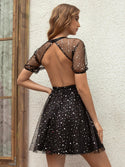 Women's Sexy Evening Gown Round Neck See Through Tulle A-Line Ruffles Backless Short Sleeves Prom Dress Black 697 - Ishaanya