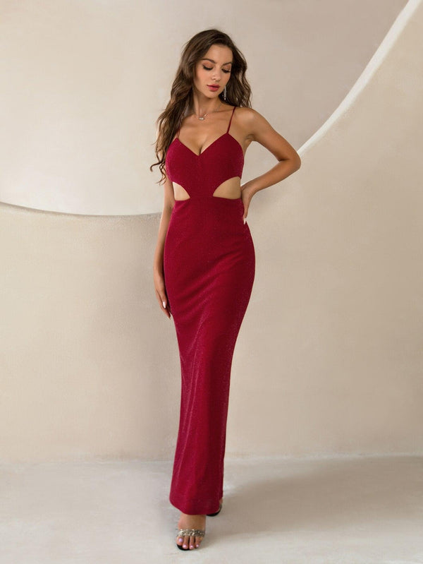 Women's Sexy Prom Gown Spaghetti Strap Cut Out Backless Lace Up Glitter Long Mermaid Formal Evening Dress Red 783 - Ishaanya
