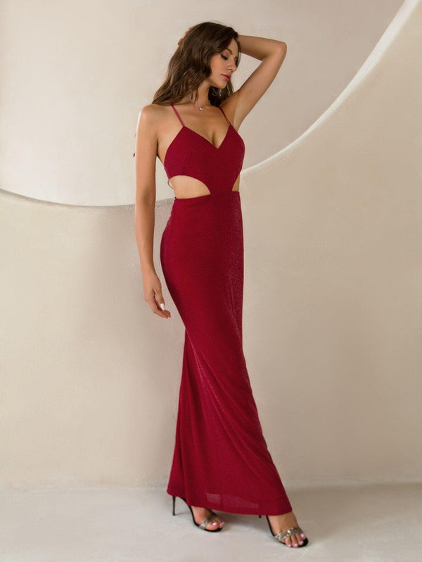 Women's Sexy Prom Gown Spaghetti Strap Cut Out Backless Lace Up Glitter Long Mermaid Formal Evening Dress Red 783 - Ishaanya