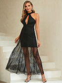 Women's Sleeveless Cut Out Lace Overlay Dress Transparent Sexy Long Black Evening Gown 1034 - Ishaanya