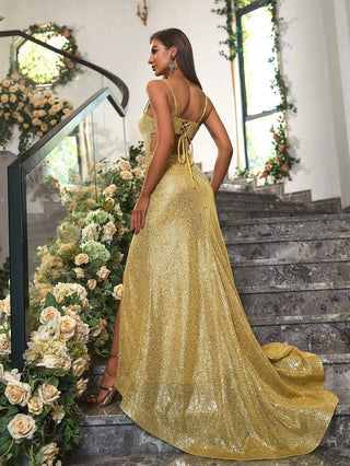Women's Spaghetti Strap Sequin Slit Backless Lace Up Long Sweep Train Prom Dress Evening Gown Gold 975 - Ishaanya