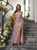 Women's Strapless Sequin Cut Out Splicing Illusion Tulle Slit Mermaid Long Evening Dress Colorful Pink 1008 - Ishaanya