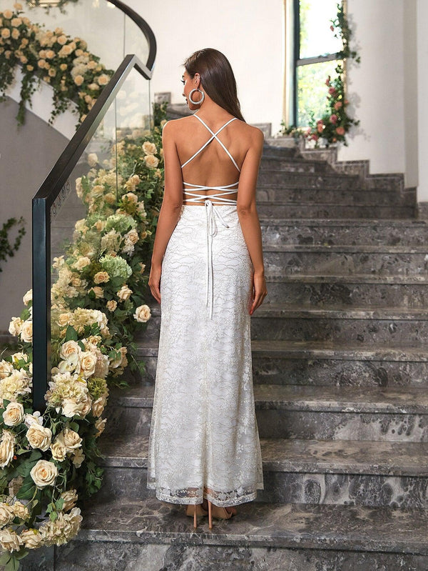 Women's V Neck Tulle Spaghetti Strap Embroidery Floral Lace Slit Long Sheath Lace Up Maxi White Evening Dresses - Ishaanya