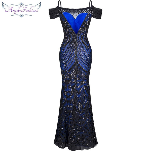 vestido de festa Boat Nect Sequin  Mermaid Long Evening Dress Abendkleid  Black 220 - Ishaanya