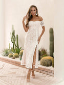Elegant Floral Lace Off Shoulder Short Sleeves Split Mermaid Long Prom Dress Party Gown Bridesmaid Blue 648 - Ishaanya