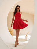 Women's Elegant Ball Gown Halter Lace Up Back A-Line Backless Short Prom Dress Red 898 - Ishaanya