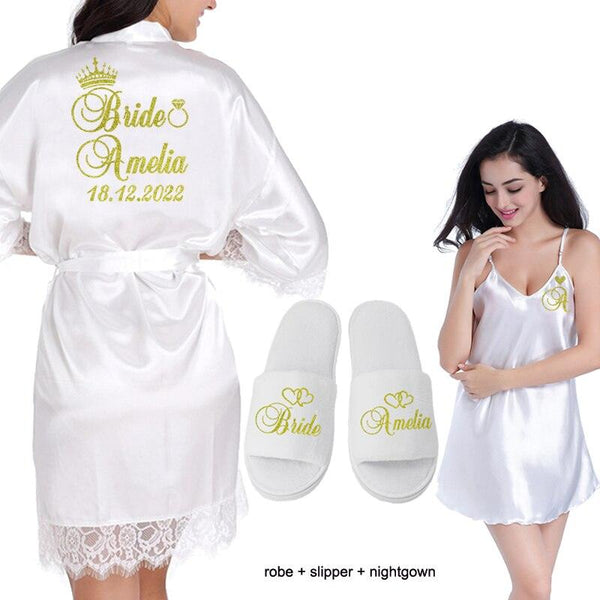 Personalized Date Name Lace Kimono Robe Women Wedding Bride Bridesmaid Robes Bachelorette Wedding Preparewear - Ishaanya