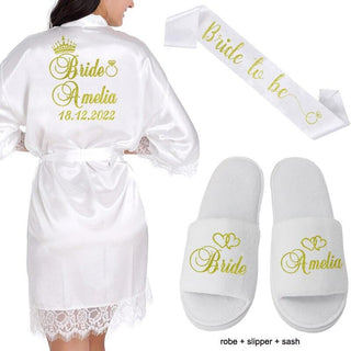 Personalized Date Name Lace Kimono Robe Women Wedding Bride Bridesmaid Robes Bachelorette Wedding Preparewear - Ishaanya