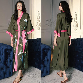 Print Nightwear Women Satin Kimono Robe Gown Nightdress Loose Intimate Lingerie Sexy Sleepwear Flower Nightgown Lounge Wear - Ishaanya