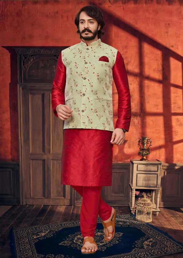 Buy Khadi Cotton Textured Kurta Pajama with Nehru Jacket - Red (KDB-959664)