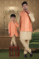 Men's And Kid's Cotton Kurta With Pajama And Jacquard Weaving Jacket
