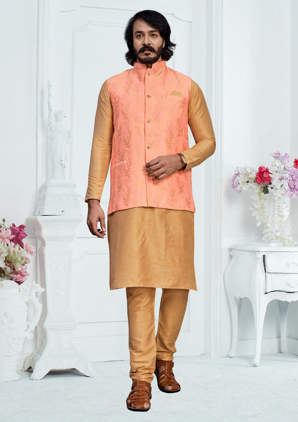 Art Silk Kurta With Pajama And Jacquard Jacket