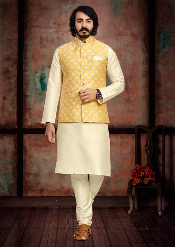 Art Silk Kurta With Pajama And Jacquard Koti