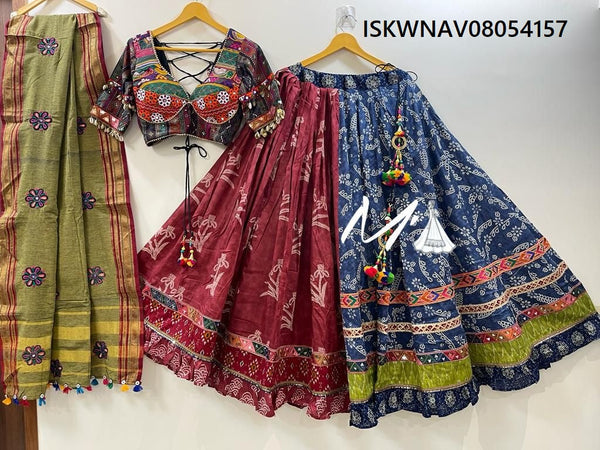 Vintage Printed Cotton Lehenga With Blouse And Khadi Cotton Dupatta-ISKWNAV08054157