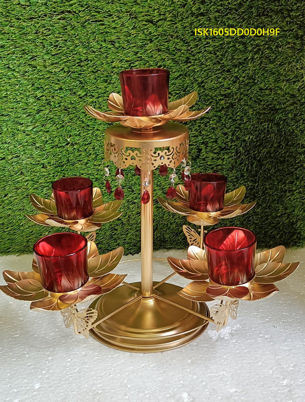 Lotus Tealight Stand With Red Glass-ISK1605DD0D0H9F